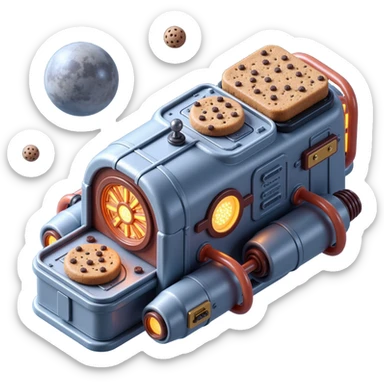 Outside view of a half-spaceship cookie factory floating in orbit, metallic hull with cookie insignia, glowing pipes connecting modules, stars and planets in the background, emoji-style sticker