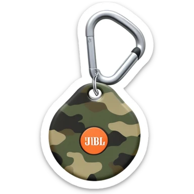Extremely simplified JBL Clip 4, flat design with subtle camouflage pattern, single carabiner hook, iOS emoji style sticker