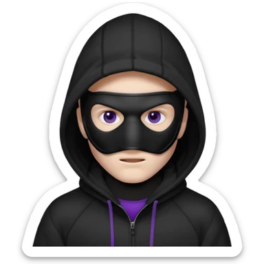 non human male cartoon character related to a shadow, with all black clothes, focusing a black hoodie, and a black hockey face mask covering his entire face, just his purple shadow eyes making a light bloom, no background sticker