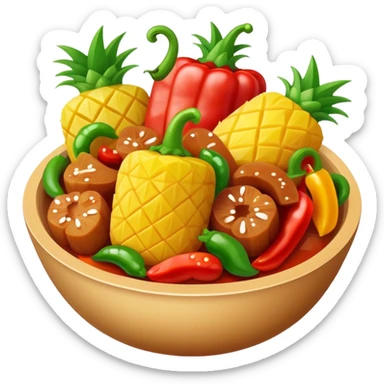 Sweet and Sour Pork with pineapple and bell peppers, simplified emoji style with bold outlines and bright colors, cartoon style Gu Lao Rou popular dish sticker