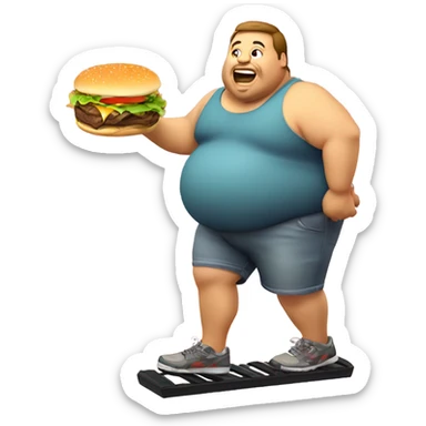 Fat guy eating a cheeseburger while on a pogo stick sticker