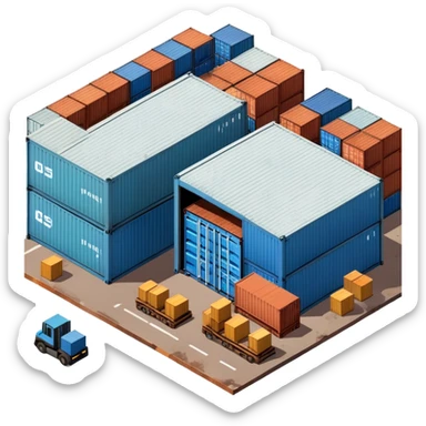 Isometric industrial warehouse with shipping containers outside and loading bay sticker
