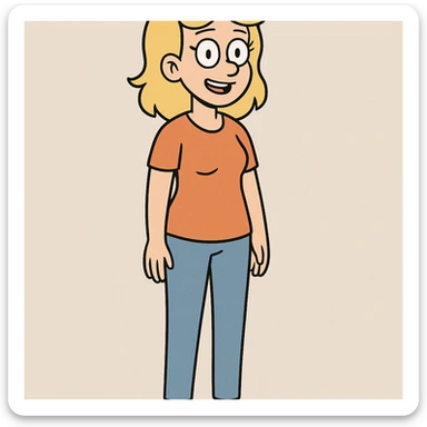 woman with blond hair standing, full body, orange shirt, cartoon style sticker