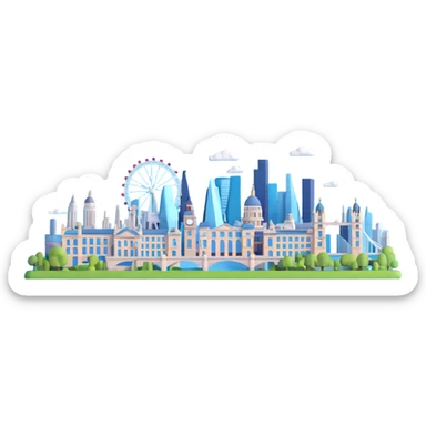 London cityscape with Big Ben and red double-decker bus sticker