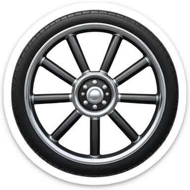 Front-view realistic wheel, perfectly symmetrical, short evenly spaced spokes, thick wide outer rubber rim, heavy solid look, clean design, centered. sticker