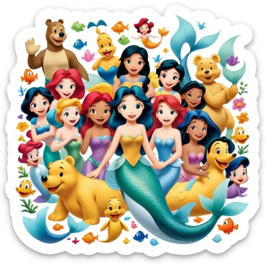 Icon for Animated Characters: A colorful, large-scale collage of beloved cartoon characters, including Goofy, Mickey Mouse, Winnie-the-Pooh, Ariel the Little Mermaid, Jasmine, and others. Bright and vibrant, full of whimsical charm. Transparent background. sticker