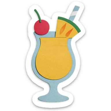 pina colada glass with a cherry, pineapple wedge, and paper straw, vibrant colors in paper-craft style sticker