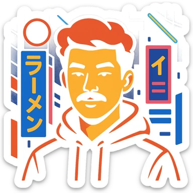 Asian man with black mustache, red hair, black hoodie, neon lights, Japanese cyberpunk anime style sticker