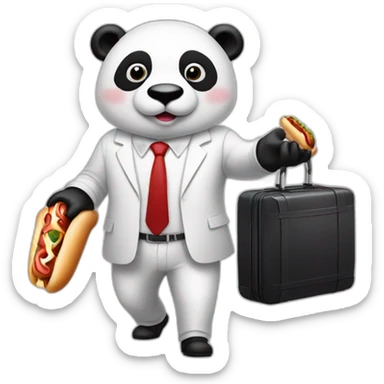 A man with white suit and red tie and a panda face eating a hotdog and holding a black suitcase sticker