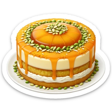 A small round emoji of traditional kanafeh with golden-orange crispy threads, a gooey white cheese center, and a light sprinkle of green pistachios. Warm and delicious-looking. sticker