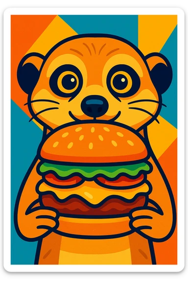 a meerkat face holding a burger in front of it, vibrant cartoon style sticker