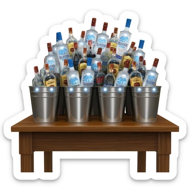 People regularly took pictures of the bottles piled high in buckets on the tables. Liquor bottles are likewise decorated with blinking flashlights. Bottles of Belvedere vodka and Patron tequila are lit from within the glass bottle with a dark light sticker