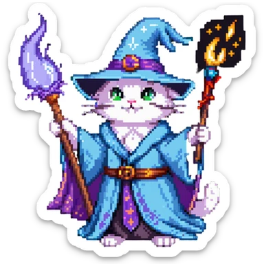 A cat wizard casting a spell with magical staff and flowing robes sticker