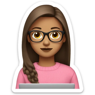 Girl with straight brown hair and black glasses frame and in pink sweater working behind laptop sticker
