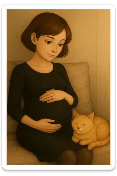 Make the girl's hair a little bit longer and put her in a black tight dress, keep her pregnant, with green eyes and a blonde cat. Maintain the original style and details of the image. sticker
