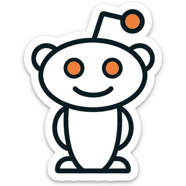 Reddit Snoo mascot, clean vector style, white body, orange eyes, simple and friendly sticker