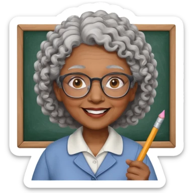 old woman teacher, brown skin, curly grey white hai, wearing glasses, hold chalk on hand sticker