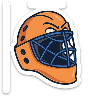 orange field hockey goalie helmet with royal blue cage and highlights, modern icon style, flat illustration style sticker