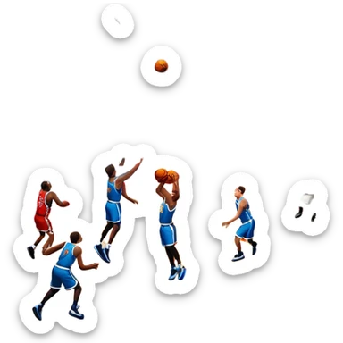 An icon showing a basketball court with players in action, inspired by NBA 2K25. A player jumps for a dunk, the ball mid-air, with the court’s floor and surrounding basketball arena visible. Bright lights highlight the excitement of the game. Transparent background. sticker