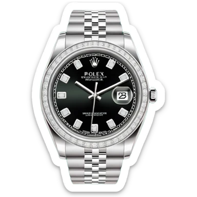 "Flat design emoji icon of a luxury silver Rolex Datejust watch, fully iced out with diamonds on the case and Jubilee bracelet, diamond pavé dial with black Roman numerals, isolated on a green circular background, clean vector style, high resolution." sticker