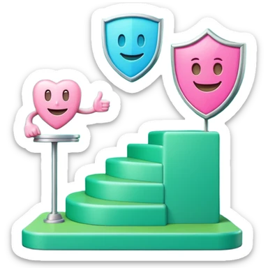 Minimalist 3D emoji-style podium with 2 steps on a green chroma key background. Step 1 (higher) features a handshake icon with blue neon glow. Step 2 (lower) features a smiling tooth with a shield icon and pink neon glow. Clean rendering, soft colors, uniform lighting. sticker
