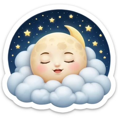 Cinematic adorable moon with a sleepy face, round and chubby, soft glowing light, tiny rosy cheeks, resting on a bed of fluffy clouds, dreamy and peaceful. sticker