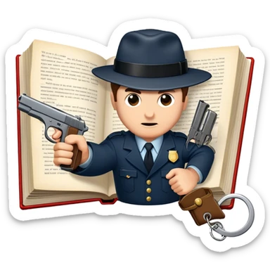Icon for Action & Crime Reading: an open book with action-packed scenes, featuring a gun, handcuffs, a detective's badge. The icon should capture the tension and excitement of crime and action stories. Transparent background. sticker
