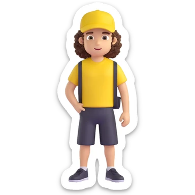 create a character, cute guy, curly, in a black t-shirt and a yellow cap, in 3d sticker