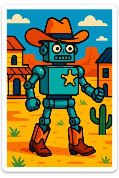 robot sheriff with metallic body, wearing a star badge and cowboy boots, in a western setting, vibrant colors sticker