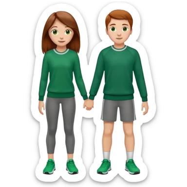 full-length happy couple, girl with long brown hair and hazel eyes in green sweater, boy with auburn hair in sportswear sticker