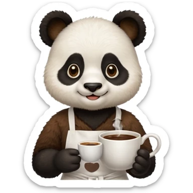 barista panda, wearing apron, holding coffee sticker