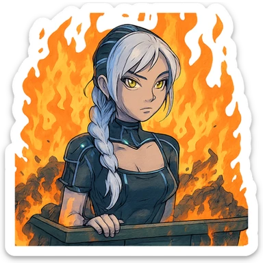 she is poking out from a garbage dumpster, fire, garbage fire, everything is on fire, a closeup portrait of young woman with gold yellow eyes, white hair, long braid, black off-shoulder top d-cup, punk gothic style, futuristic cyberwave cyberpunk, sticker