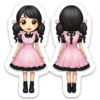 Vestido rosa y negro gothic lolita, cuerpo completo, piel morena, pelo largo y rojo sticker