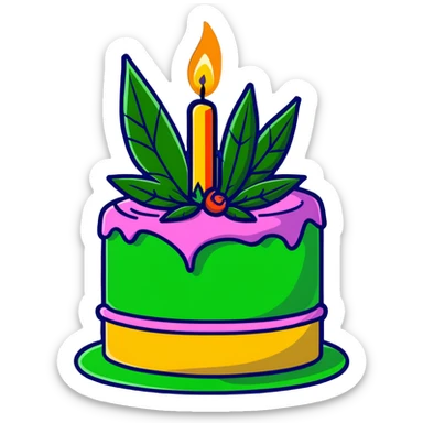 Festive birthday cake with cannabis leaf decorations and birthday candles sticker