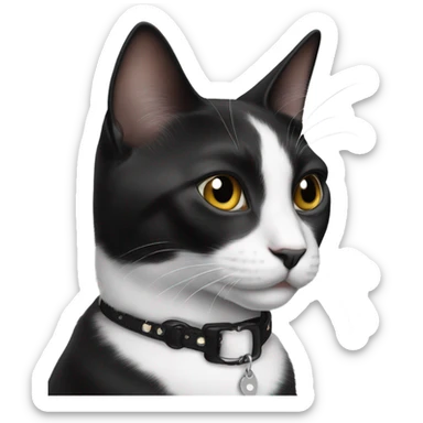 Black and white cat wearing a collar with the name Rue sticker