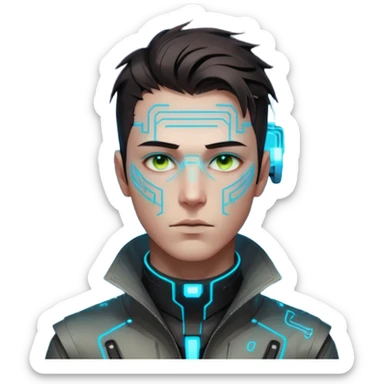Cyberpunk male head, messy dark hair, glowing circuit patterns tracing from neck to temple, eyes reflecting shifting neon code, clean-shaven, futuristic minimalist aesthetic. sticker