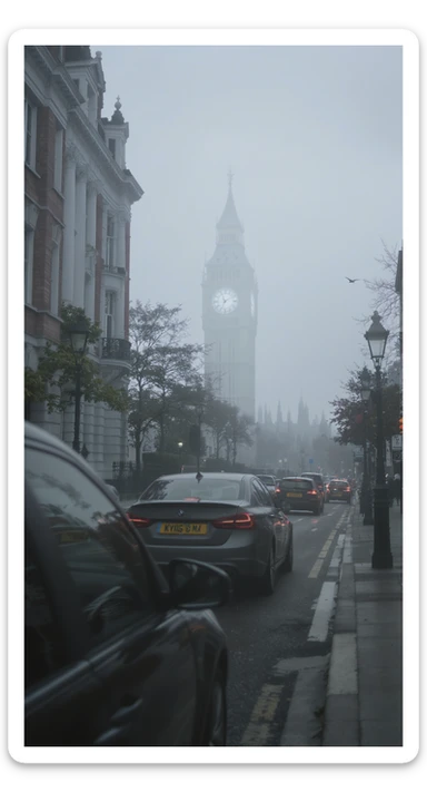 Cinematic shot of a london street, cloudy foggy day, soft light, leading lines to big ben in distance, multi composition, in foreground blurred car, on second street around UK bulding, od another plan in distance big ben, birds flying, artistic look, captured on arri alexa 35 sticker