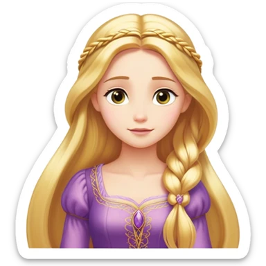 Cinematic Serene Rapunzel Portrait Emoji, rendered in a simplified vector style. Depict a gentle Rapunzel (chest and above) with delicate porcelain skin and long, shimmering golden hair, her expression calm and reflective, dressed in her traditional attire. The image is imbued with a soft, luminous glow and a subtle glowing outline. sticker