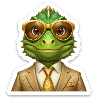 rich capitalist iguana head with golden glossy sunglasses sticker