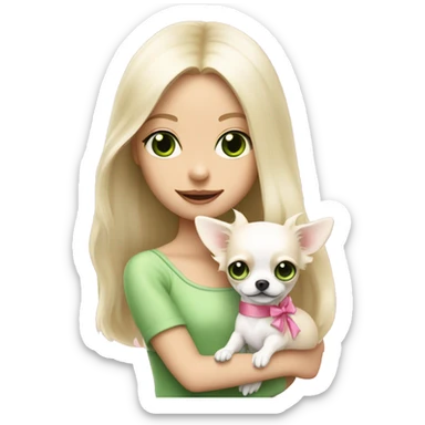 pale blond girl with long platinum hair with green eyes holding a white chihuahua puppy that wearing a pink bow sticker