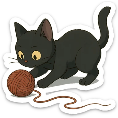 a young black cat playing with a ball of yarn, ghibli style sticker