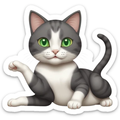 beautiful female solid dark grey cat with green eyes, white toes/paws and white patch on her chest playfully rolling upside down sticker