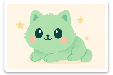green fuzzy cute cat, lying down, smiling, oversized head, chubby cheeks, cartoon style sticker