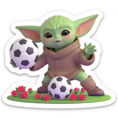 baby Yoda kicking a soccer ball with small roses beside him sticker