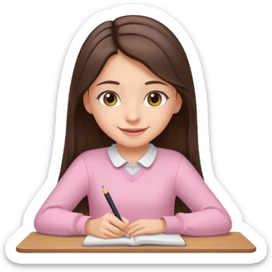 smiling long brunette hair girl hazel eyes wearing light pink clothes writing sticker