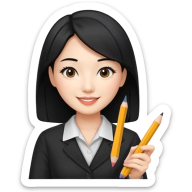 a korean cosmetics marketing expert women with black hair, holding pencil and phone sticker
