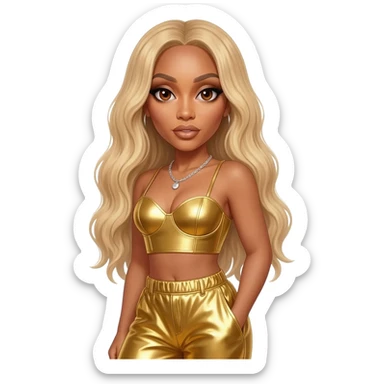 Beyonce with brown eyes, long golden blonde hair, gold metallic sweetheart crop top, gold metallic baggy pants, silver necklace sticker