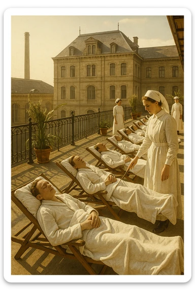 A realistic, historical cinematic illustration of a hospital rooftop solarium from the early 1900s, with patients in white robes and blankets lying on lounge chairs under the sun, receiving heliotherapy. Nurses in classic white uniforms and caps assist quietly, while the warm sunlight bathes the scene. The architecture is vintage, with iron railings, potted plants, and the backdrop of an old European hospital building. The atmosphere is calm and healing, showing patients with tuberculosis, rickets, and malnutrition benefiting from the sun’s rays to stimulate vitamin D production. The color palette is warm, with soft yellows and gentle sunlight, evoking a sense of hope and natural healing, reminiscent of historical black-and-white photographs with subtle colorization for realism sticker