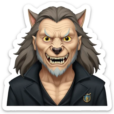 Fenrir Greyback in harry potter, black open chest coat, wolf face, pointed ear, bared teeth sticker