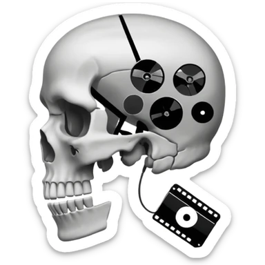 Minimalist emoji-style sticker of a human skull in profile, with a film reel replacing the brain. Grayscale icon with bold silhouette.
 sticker